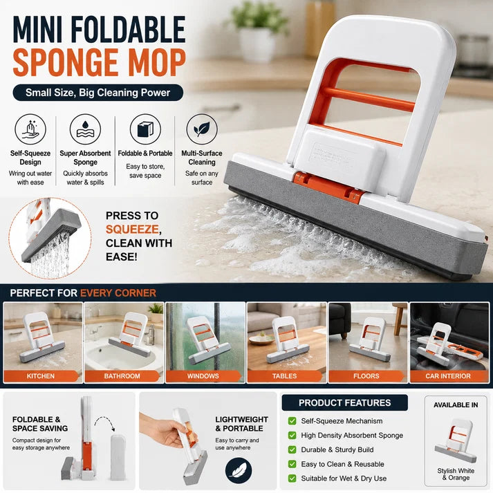 Mini Foldable Sponge Mop for Kitchen | Self-Squeeze Cleaning Mop |