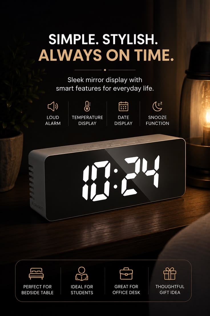 Digital LED Mirror Alarm Clock for Table, Smart Alarm Clock for Heavy Sleepers & Students, Sensor Date Temperature Display, Night Clock for Bedroom, Home & Office