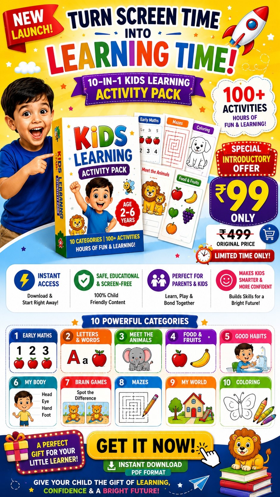 10-in-1 Kids Learning Activity Pack | 100+ Printable Activities for Ages 2–6 🎁 80% OFF — SAVE ₹400!